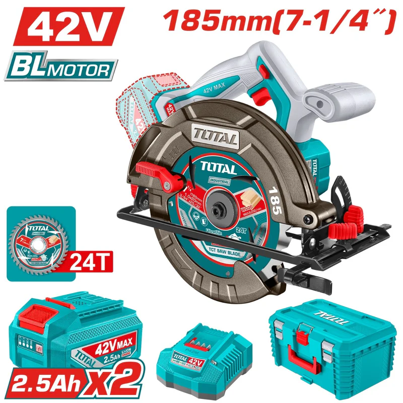 SIERRA CIRCULAR INALAMBRICA 42V 7-1/4" INCLUYE 2 BATERIA 2.5AH, CARGADOR + DISCO DE CORTE 24T  CAJA PLASTICA INDUSTRIAL SUPER