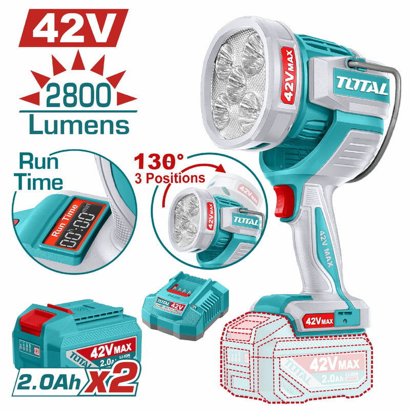 LAMPARA DE TRABAJO 42V 2800 LUMENES INCLUYE BATERIAS 2.0AH Y CARGADOR INDUSTRIAL SUPER TOTAL (UTWLI42896)